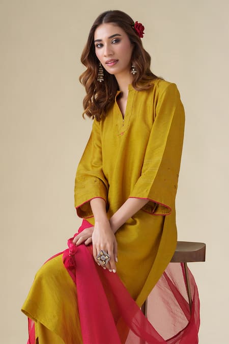 Shop Mushio Yellow Cotton, Silk Embroidery Collared Shriya Kurta Online at Aza Fashions Shop_Mushio_Yellow Cotton, Silk Embroidery Collared Shriya Kurta _Online_at_Aza_Fashions