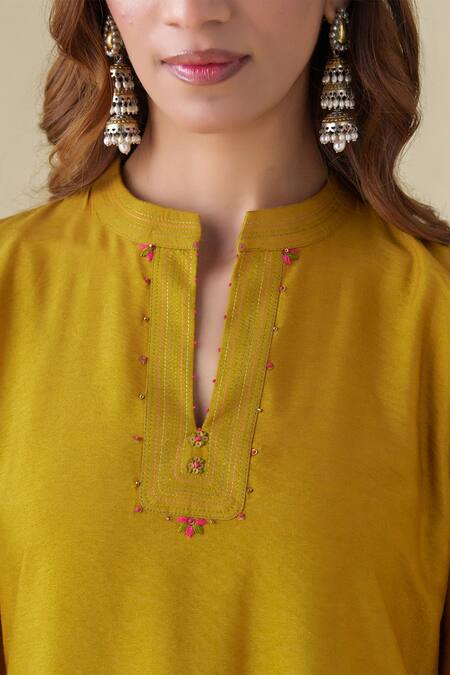 Mushio Yellow Cotton, Silk Embroidery Collared Shriya Kurta at Aza Fashions Mushio_Yellow Cotton, Silk Embroidery Collared Shriya Kurta _at_Aza_Fashions