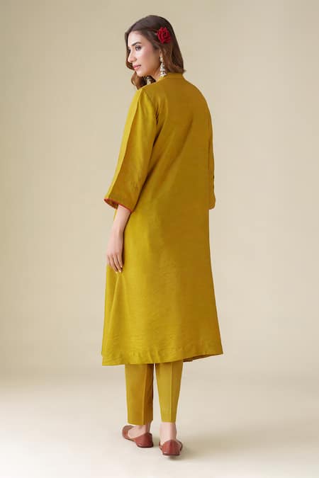 Shop Mushio Yellow Cotton, Silk Embroidery Collared Shriya Kurta at Aza Fashions Shop_Mushio_Yellow Cotton, Silk Embroidery Collared Shriya Kurta _at_Aza_Fashions