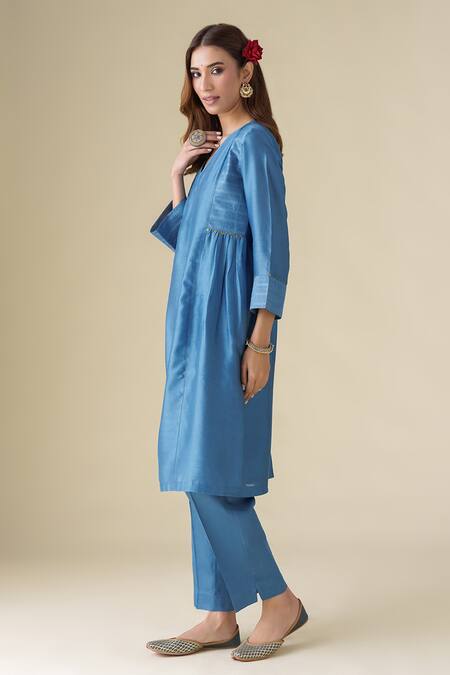 Mushio_Blue Chanderi Silk Embroidery, Sequins V-neck Kurta Set _Online_at_Aza_Fashions
