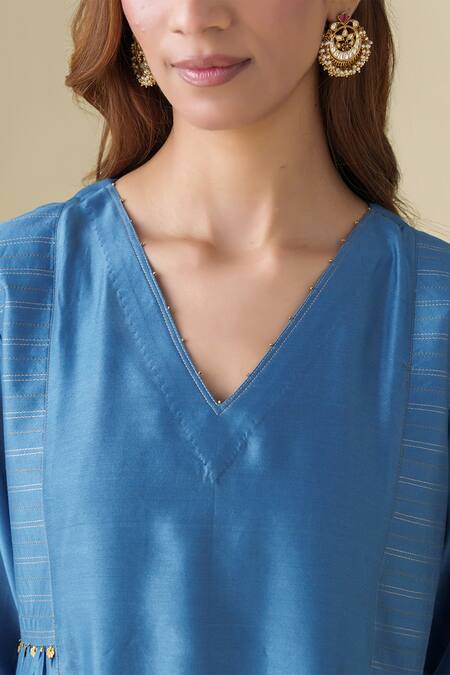 Shop_Mushio_Blue Chanderi Silk Embroidery, Sequins V-neck Kurta Set _Online_at_Aza_Fashions