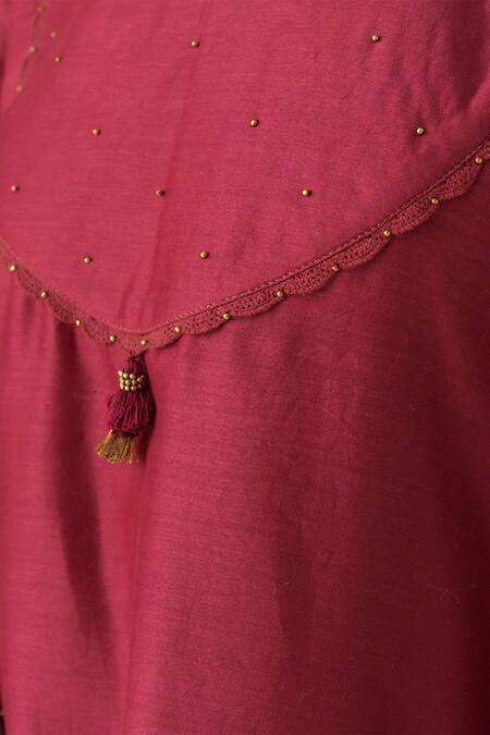 Mushio Maroon Chanderi Silk Embroidery Round Neck Aadhya Kurta at Aza Fashions Mushio_Maroon Chanderi Silk Embroidery Round Neck Aadhya Kurta _at_Aza_Fashions