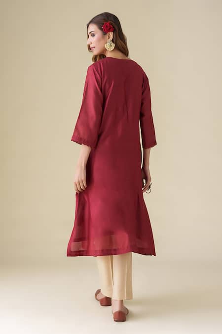 Shop Mushio Maroon Chanderi Silk Embroidery Round Neck Aadhya Kurta at Aza Fashions Shop_Mushio_Maroon Chanderi Silk Embroidery Round Neck Aadhya Kurta _at_Aza_Fashions