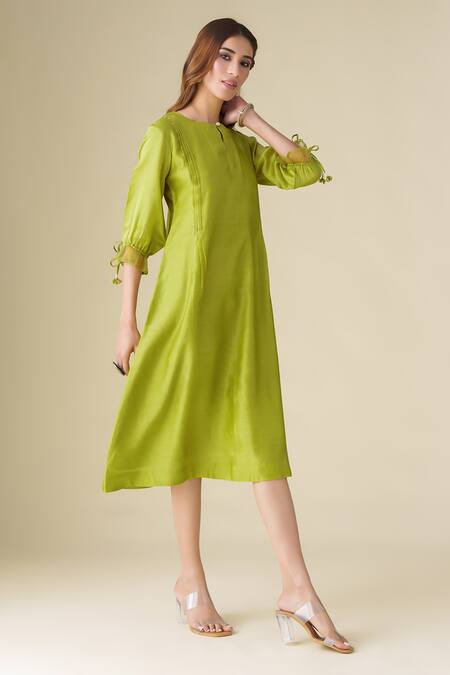 Mushio Green Chanderi Silk Tassels Round Neck Paavni Dress Online at Aza Fashions Mushio_Green Chanderi Silk Tassels Round Neck Paavni Dress _Online_at_Aza_Fashions