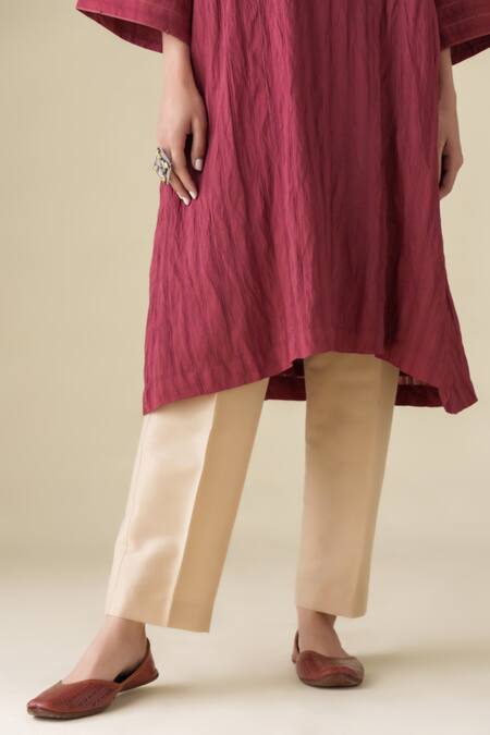 Mushio_Maroon Chanderi, Cotton, Silk, Organza Mitali Crinkle Effect Kurta Pant Set _at_Aza_Fashions