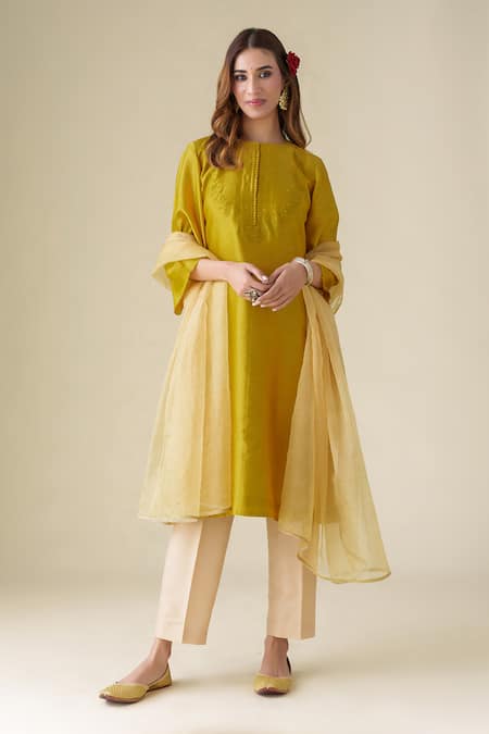 Shop Mushio Yellow Chanderi, Organza, Cotton, Silk Embroidery, Beads Sarang Kurta Pant Set Online at Aza Fashions Shop_Mushio_Yellow Chanderi, Organza, Cotton, Silk Embroidery, Beads Sarang Kurta Pant Set _Online_at_Aza_Fashions