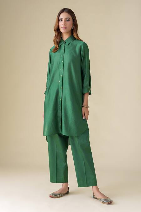 Mushio_Green Chanderi, Cotton, Silk Sequins Collared Prisha Tunic With Pant _Online_at_Aza_Fashions