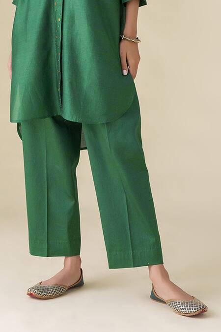Buy_Mushio_Green Chanderi, Cotton, Silk Sequins Collared Prisha Tunic With Pant _Online_at_Aza_Fashions