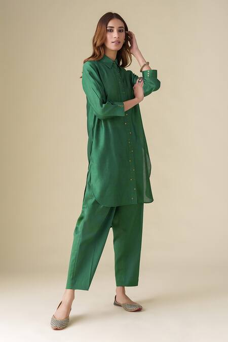Shop_Mushio_Green Chanderi, Cotton, Silk Sequins Collared Prisha Tunic With Pant _Online_at_Aza_Fashions