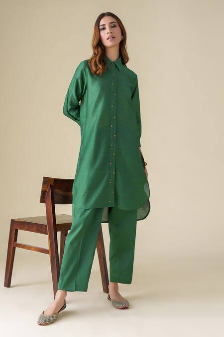 Mushio_Green Chanderi, Cotton, Silk Sequins Collared Prisha Tunic With Pant _at_Aza_Fashions