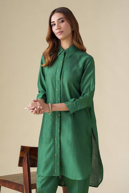 Buy_Mushio_Green Chanderi, Cotton, Silk Sequins Collared Prisha Tunic With Pant 