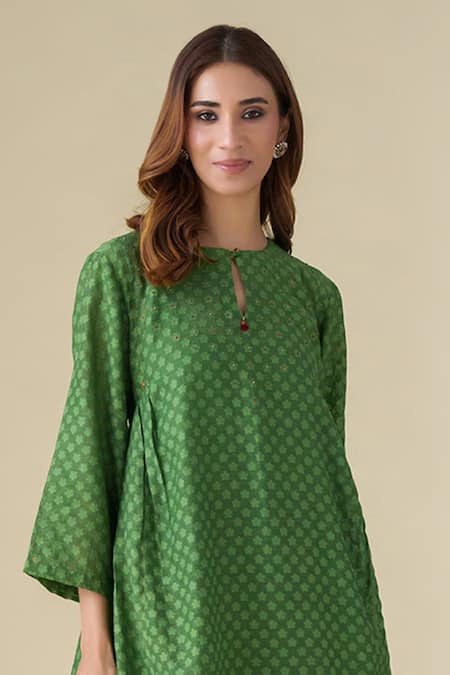 Buy_Mushio_Green Chanderi, Cotton, Silk, Kota Doria Vrinda Floral Pattern Kurta Pant Set_Online_at_Aza_Fashions