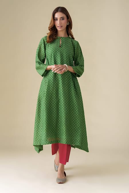 Mushio Green Kurta Chanderi Woven Floral Round Neck Vrinda Pattern Pant Set 