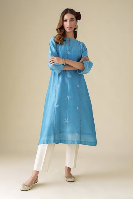 Mushio Blue Chanderi, Cotton, Silk, Organza Embroidery Round Ujjwala Kurta Pant Set Online at Aza Fashions Mushio_Blue Chanderi, Cotton, Silk, Organza Embroidery Round Ujjwala Kurta Pant Set _Online_at_Aza_Fashions