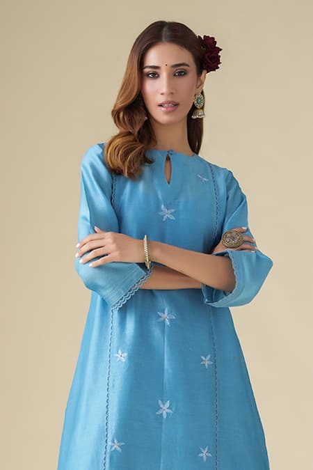Buy Mushio Blue Chanderi, Cotton, Silk, Organza Embroidery Round Ujjwala Kurta Pant Set Online at Aza Fashions Buy_Mushio_Blue Chanderi, Cotton, Silk, Organza Embroidery Round Ujjwala Kurta Pant Set _Online_at_Aza_Fashions