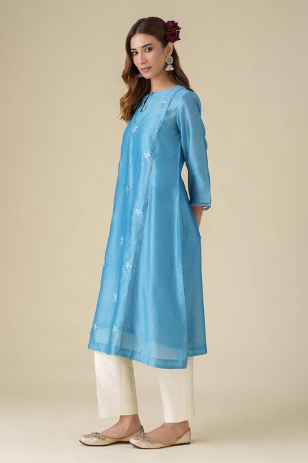 Shop Mushio Blue Chanderi, Cotton, Silk, Organza Embroidery Round Ujjwala Kurta Pant Set Online at Aza Fashions Shop_Mushio_Blue Chanderi, Cotton, Silk, Organza Embroidery Round Ujjwala Kurta Pant Set _Online_at_Aza_Fashions
