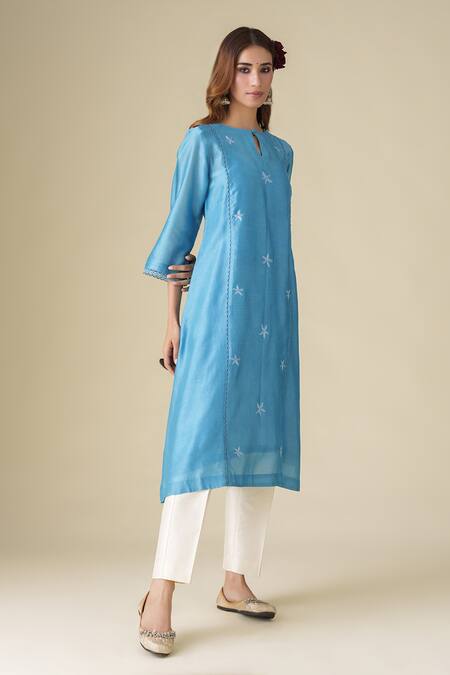 Mushio Blue Chanderi, Cotton, Silk, Organza Embroidery Round Ujjwala Kurta Pant Set at Aza Fashions Mushio_Blue Chanderi, Cotton, Silk, Organza Embroidery Round Ujjwala Kurta Pant Set _at_Aza_Fashions