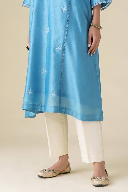 Buy Mushio Blue Chanderi, Cotton, Silk, Organza Embroidery Round Ujjwala Kurta Pant Set Buy_Mushio_Blue Chanderi, Cotton, Silk, Organza Embroidery Round Ujjwala Kurta Pant Set