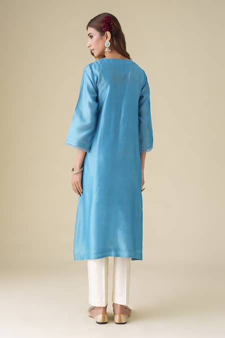 Shop Mushio Blue Chanderi, Cotton, Silk, Organza Embroidery Round Ujjwala Kurta Pant Set at Aza Fashions Shop_Mushio_Blue Chanderi, Cotton, Silk, Organza Embroidery Round Ujjwala Kurta Pant Set _at_Aza_Fashions