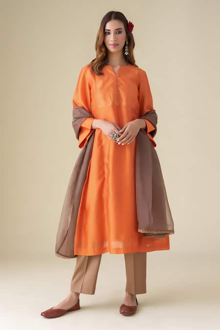 Mushio Orange Kurta Chanderi Embroidery Chevron Notched Neck Sandhya Pant Set
