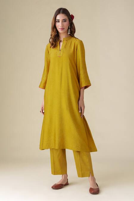 Mushio Yellow Cotton, Silk, Kota Doria Embroidery Split V-neck Shriya Kurta Pant Set Online at Aza Fashions Mushio_Yellow Cotton, Silk, Kota Doria Embroidery Split V-neck Shriya Kurta Pant Set _Online_at_Aza_Fashions