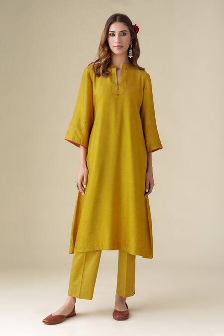 Shop Mushio Yellow Cotton, Silk, Kota Doria Embroidery Split V-neck Shriya Kurta Pant Set Online at Aza Fashions Shop_Mushio_Yellow Cotton, Silk, Kota Doria Embroidery Split V-neck Shriya Kurta Pant Set _Online_at_Aza_Fashions