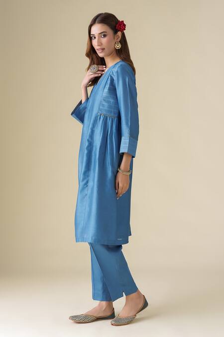Mushio_Blue Chanderi, Cotton Satin, Organza, Cotton, Silk Vaayu Kurta Pant Set _Online_at_Aza_Fashions