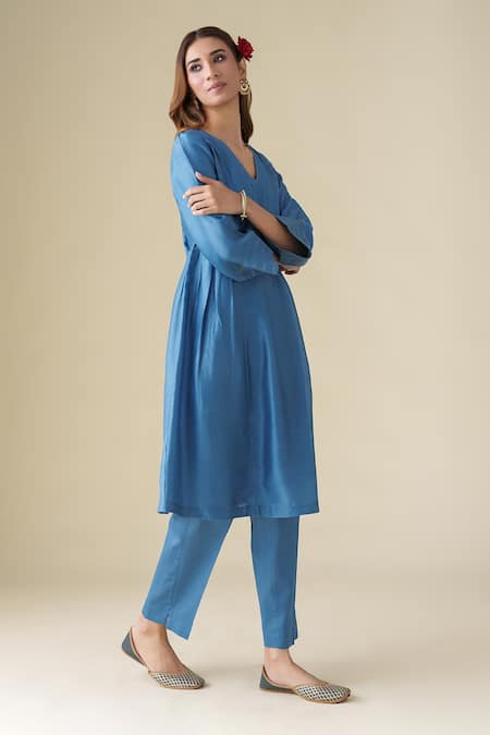 Buy_Mushio_Blue Chanderi, Cotton Satin, Organza, Cotton, Silk Vaayu Kurta Pant Set _Online_at_Aza_Fashions
