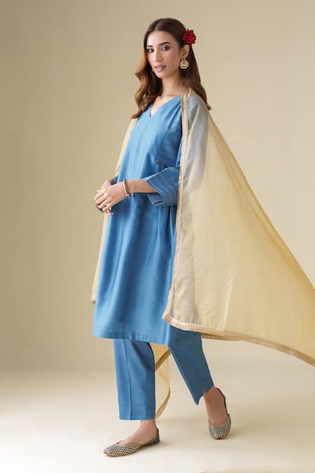 Shop_Mushio_Blue Chanderi, Cotton Satin, Organza, Cotton, Silk Vaayu Kurta Pant Set _Online_at_Aza_Fashions