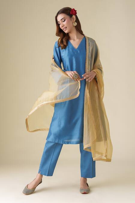 Buy_Mushio_Blue Chanderi, Cotton Satin, Organza, Cotton, Silk Vaayu Kurta Pant Set 