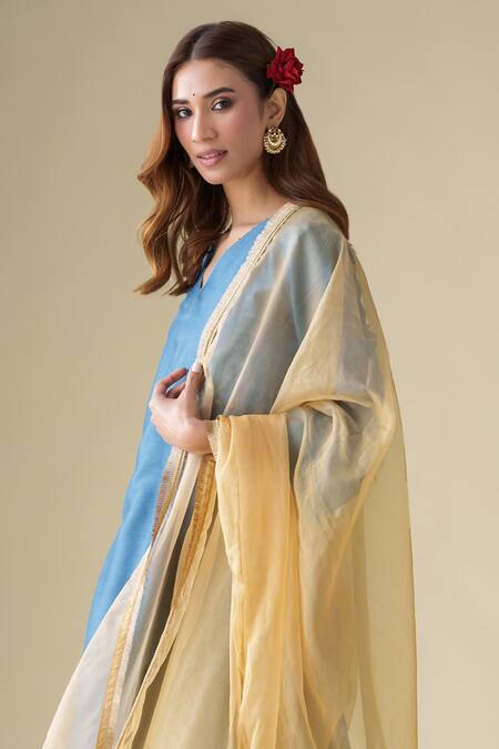 Shop_Mushio_Blue Chanderi, Cotton Satin, Organza, Cotton, Silk Vaayu Kurta Pant Set 