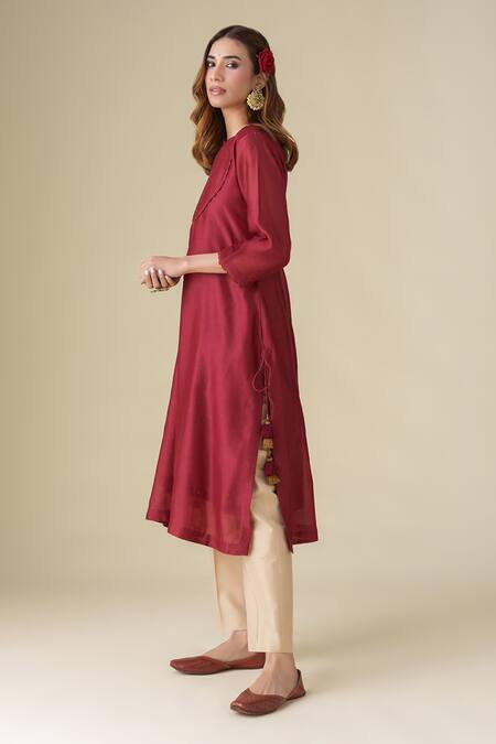 Shop_Mushio_Maroon Chanderi, Cotton, Silk, Organza Sequins, Lace Aadhya Kurta Pant Set _Online_at_Aza_Fashions