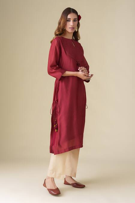Mushio_Maroon Chanderi, Cotton, Silk, Organza Sequins, Lace Aadhya Kurta Pant Set _at_Aza_Fashions