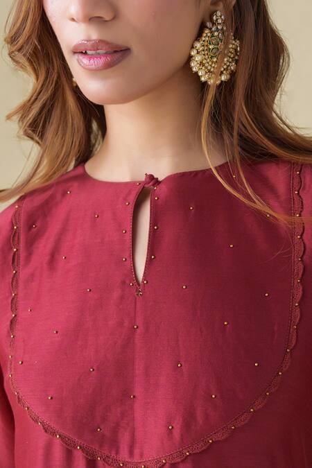 Buy_Mushio_Maroon Chanderi, Cotton, Silk, Organza Sequins, Lace Aadhya Kurta Pant Set 