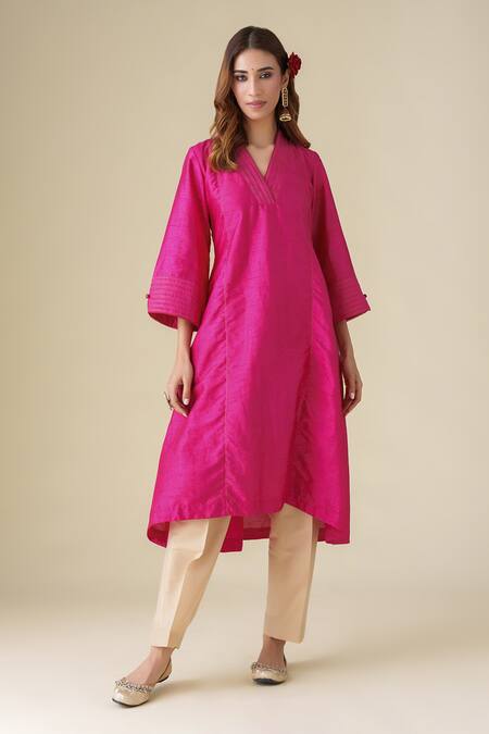 Mushio_Magenta Cotton, Silk, Organza Zari V-neck Kamala Kurta Pant Set _Online_at_Aza_Fashions