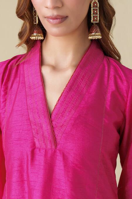 Shop_Mushio_Magenta Cotton, Silk, Organza Zari V-neck Kamala Kurta Pant Set _Online_at_Aza_Fashions