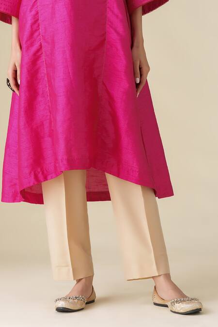 Mushio_Magenta Cotton, Silk, Organza Zari V-neck Kamala Kurta Pant Set _at_Aza_Fashions