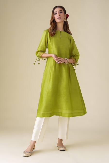 Buy Mushio Green Chanderi, Cotton, Silk, Organza Lace, Tassels Round Paavni Kurta Pant Set Online at Aza Fashions Buy_Mushio_Green Chanderi, Cotton, Silk, Organza Lace, Tassels Round Paavni Kurta Pant Set _Online_at_Aza_Fashions