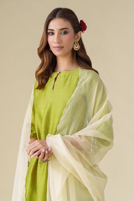 Shop Mushio Green Chanderi, Cotton, Silk, Organza Lace, Tassels Round Paavni Kurta Pant Set Online at Aza Fashions Shop_Mushio_Green Chanderi, Cotton, Silk, Organza Lace, Tassels Round Paavni Kurta Pant Set _Online_at_Aza_Fashions