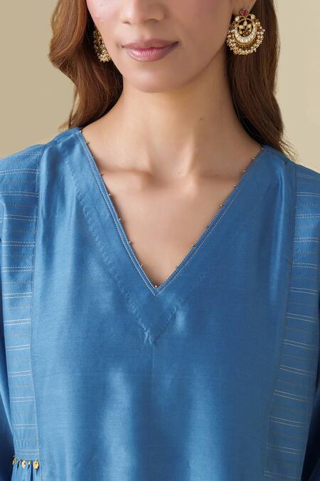 Shop Mushio Blue Chanderi, Cotton, Silk Sequins, Zari V-neck Vaayu Kurta With Pant Online at Aza Fashions Shop_Mushio_Blue Chanderi, Cotton, Silk Sequins, Zari V-neck Vaayu Kurta With Pant _Online_at_Aza_Fashions