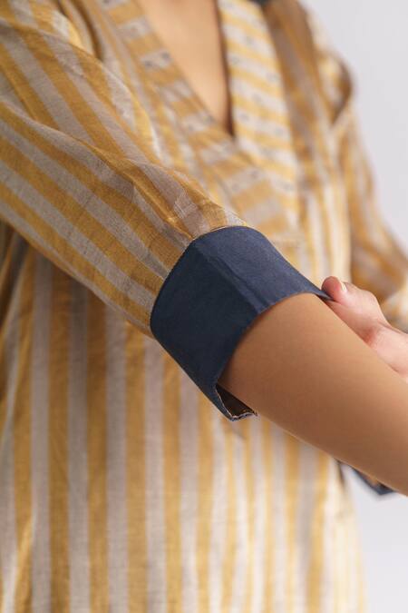 Shop_Mushio_Grey Beads V-neck Nithya Woven Stripe Asymmetric Kurta _Online_at_Aza_Fashions