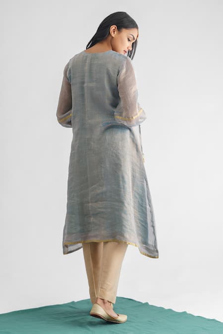 Shop Mushio Blue Georgette Round Neck Woven Stripe Kurta at Aza Fashions Shop_Mushio_Blue Georgette Round Neck Woven Stripe Kurta _at_Aza_Fashions