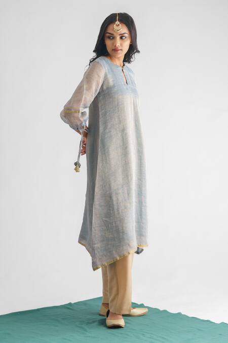 Buy Mushio Blue Georgette Round Neck Woven Stripe Kurta Online at Aza Fashions Buy_Mushio_Blue Georgette Round Neck Woven Stripe Kurta _Online_at_Aza_Fashions