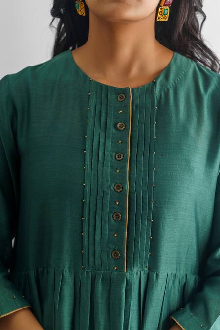 Shop Mushio Green Chanderi Silk Beads Round Neck Mishika Pleated Bodice Anarkali Online at Aza Fashions Shop_Mushio_Green Chanderi Silk Beads Round Neck Mishika Pleated Bodice Anarkali _Online_at_Aza_Fashions