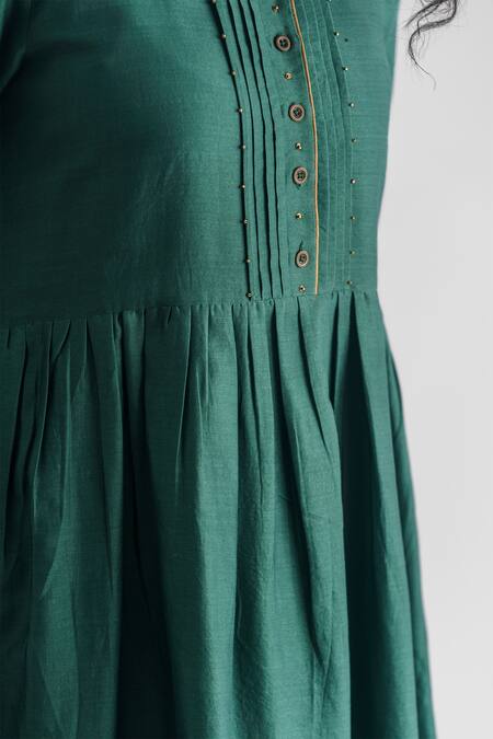 Buy Mushio Green Chanderi Silk Beads Round Neck Mishika Pleated Bodice Anarkali Buy_Mushio_Green Chanderi Silk Beads Round Neck Mishika Pleated Bodice Anarkali