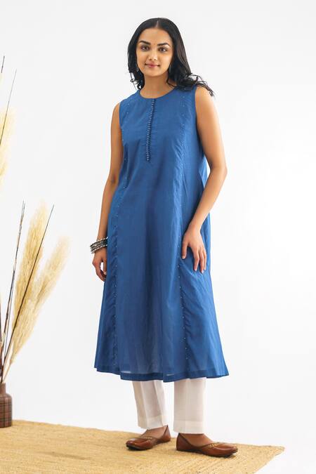 Mushio Blue Chanderi Silk Beads Round Neck Lavanya Straight Kurta Online at Aza Fashions Mushio_Blue Chanderi Silk Beads Round Neck Lavanya Straight Kurta _Online_at_Aza_Fashions