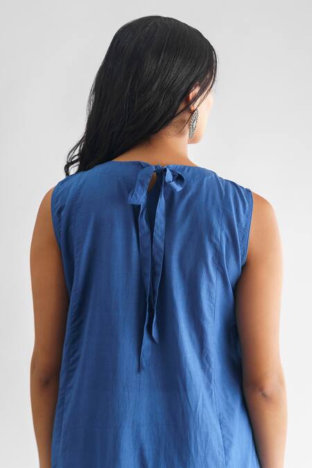 Shop Mushio Blue Chanderi Silk Beads Round Neck Lavanya Straight Kurta Online at Aza Fashions Shop_Mushio_Blue Chanderi Silk Beads Round Neck Lavanya Straight Kurta _Online_at_Aza_Fashions