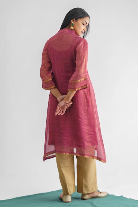 Shop Mushio Purple Cotton Beads V-neck Rim Jhim Stripe Woven Kurta at Aza Fashions Shop_Mushio_Purple Cotton Beads V-neck Rim Jhim Stripe Woven Kurta _at_Aza_Fashions