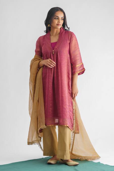 Mushio Purple Cotton Beads V-neck Rim Jhim Stripe Woven Kurta Online at Aza Fashions Mushio_Purple Cotton Beads V-neck Rim Jhim Stripe Woven Kurta _Online_at_Aza_Fashions