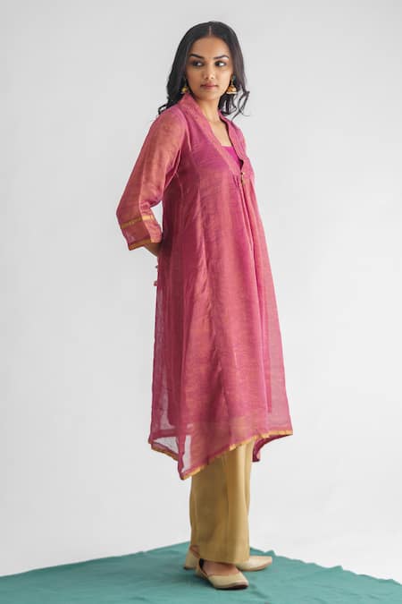 Buy Mushio Purple Cotton Beads V-neck Rim Jhim Stripe Woven Kurta Online at Aza Fashions Buy_Mushio_Purple Cotton Beads V-neck Rim Jhim Stripe Woven Kurta _Online_at_Aza_Fashions